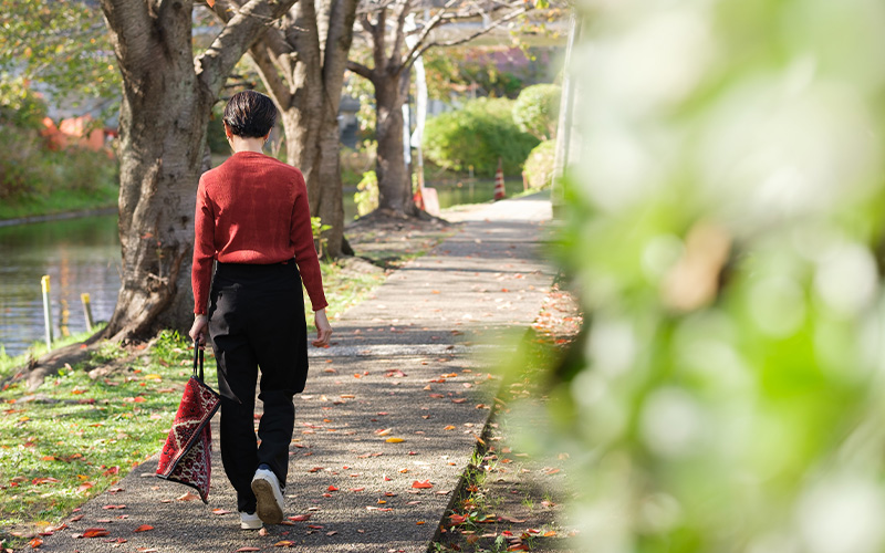 遊歩道 ウォーキング 川 散歩 赤 のんびり 散策 鮮やか 色彩 京都 ブログ